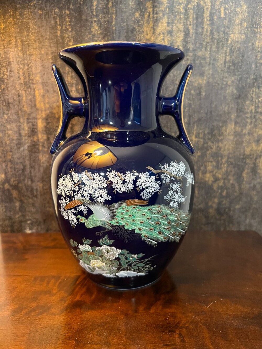 Japanese Cobalt Blue Peacock Vase Gold Trim Vintage Porcelain Floral Decor Chino